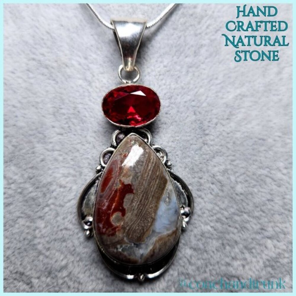 Brazilian Banded Agate & Garnet 2.60" ARTISAN NEW 925 Pendant & 18" Silver Chain
